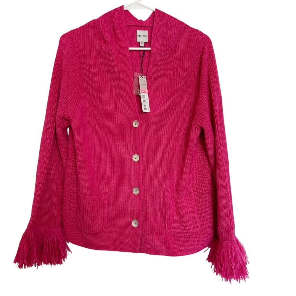 NWT NIC+ZOE Women's Sweater, cardigan, size L, pink, barbiecore, fringe,